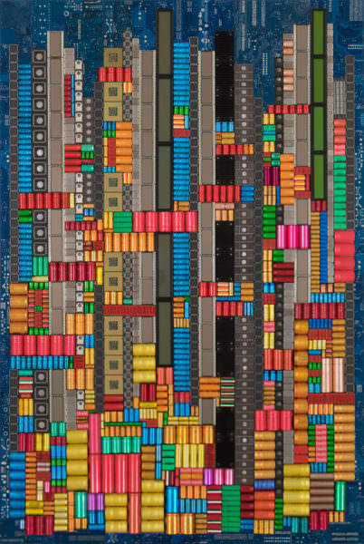 œuvre nommée "Red Lights" : sculpture murale Cybertrash de Rémy Tassou. Vue principale.