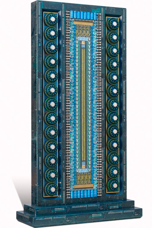 ŒArtwork named "OPEN" : cybertrash totem by the sculptor Rémy Tassou (3/4 view of the face 1)(main view)(UNE)