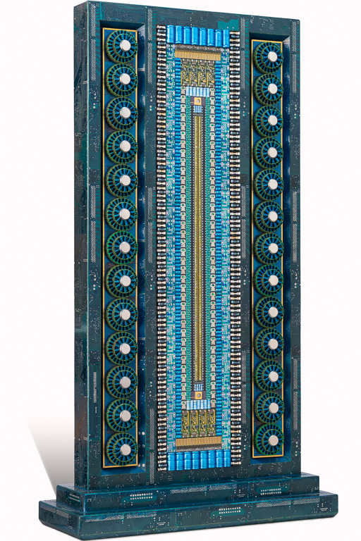 Œuvre nommée "Open ": totem cybertrasth du sculpteur Rémy Tassou. (vue de la face 1)(accueil DOUBLE)