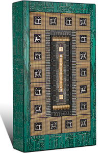 Artwork named "TOKEN" : cybertrash totem by the sculptor Rémy Tassou (3/4 view of the face 1)(main view)(VIGNETTE)